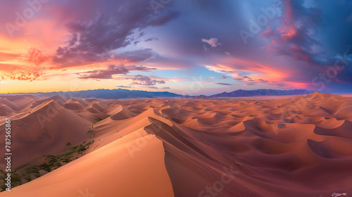 A panoramic view of a desert with sand dunes at sunset  using a wide-angle lens to capture the expansive landscape and vivid colors