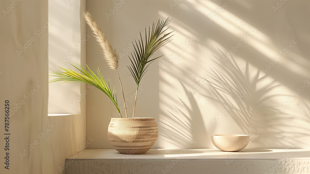 A vase with a palm tree in it sits on a shelf next to a bowl A vase with a palm tree in it sits on a shelf next to a bowl