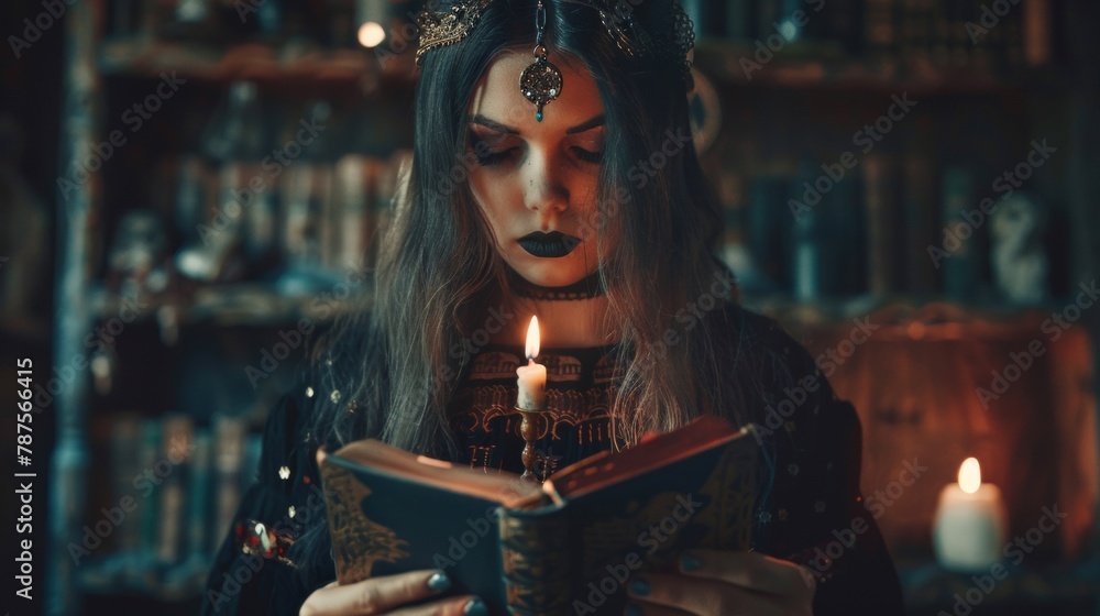 A woman with a candle in her hand and dark makeup, AI A woman with a candle in her hand and dark makeup, AI