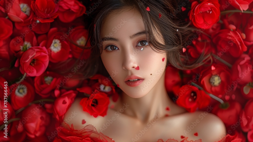 A woman laying on a bed of red roses with her eyes closed, AI A woman laying on a bed of red roses with her eyes closed, AI