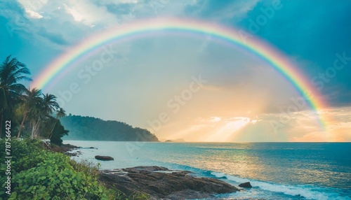 Beautiful landscape with a colorful rainbow over the sea coast. Storm clouds in the sky. 