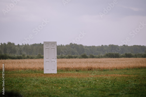 Valmiera, Latvia- July 28, 2024 - A standalone white door in the middle of a grassy field with a backdrop of trees under a gray sky, suggesting a surreal or conceptual scene. photo