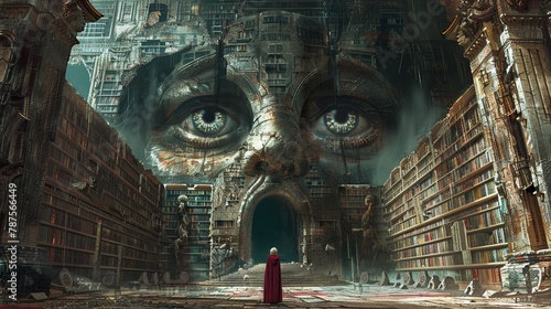 An ancient library, its forbidden texts guarded by silverfish with human eyes photo