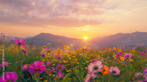 Bela Paisagem do Pôr do Sol com Céu Colorido sobre o Campo de Flores