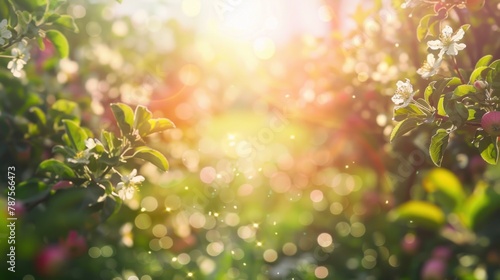 Beautiful an apple garden with trees blossoming in sunny day blur bokeh background. AI generated