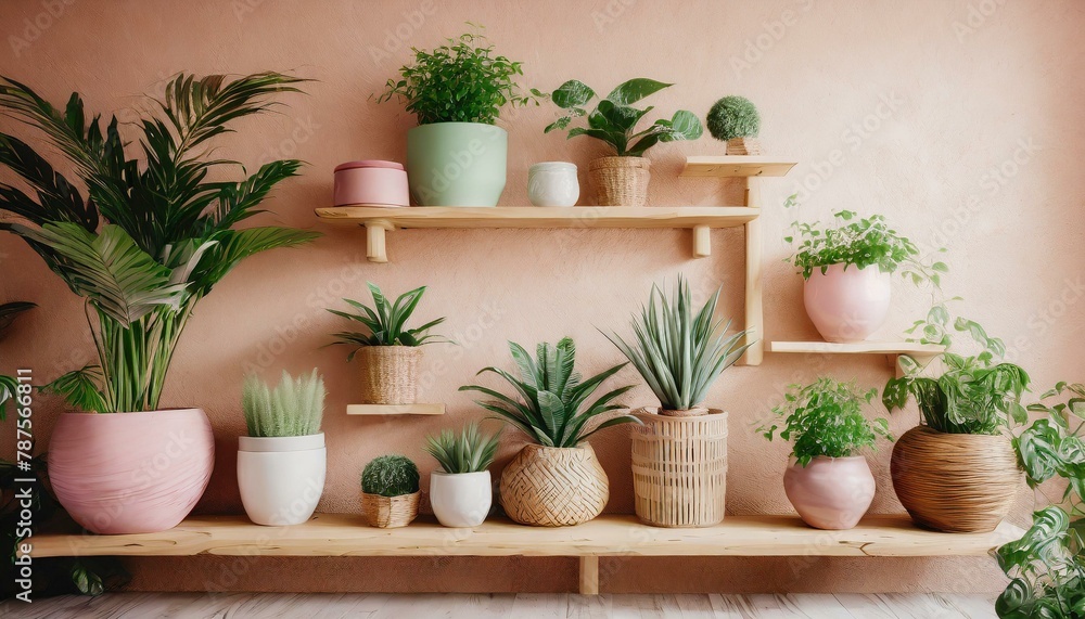 Bright room interior, wooden shelves with many green plants in pots on the wall. Pastel pale colours. Home interior natural decorating style. 