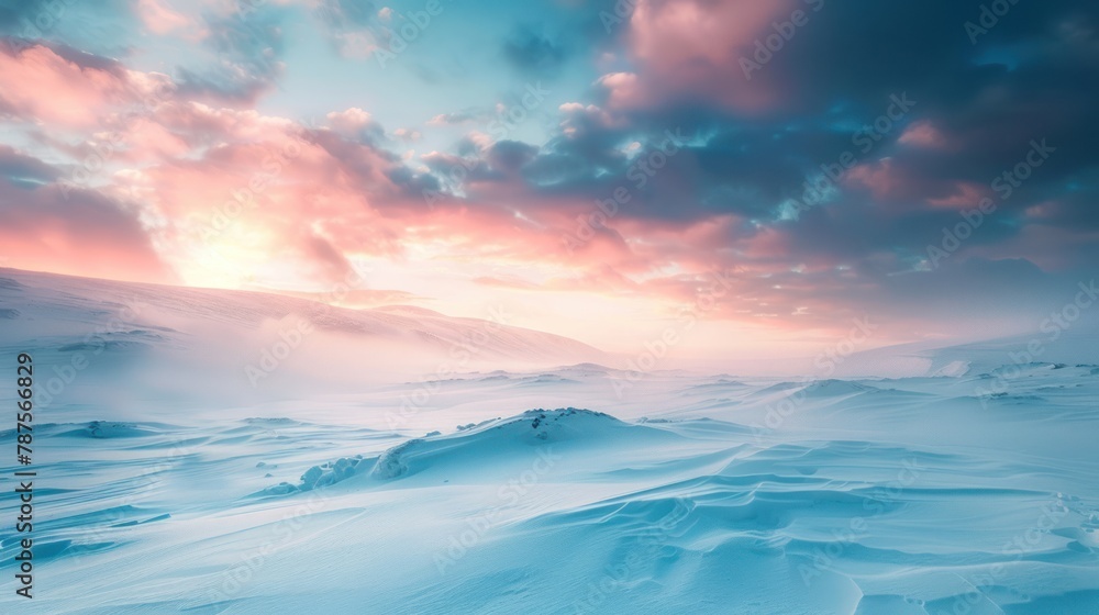 Dramatic beautiful overcast sky at evening winter landscape. AI generated image