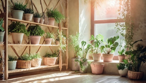 Bright room interior, wooden shelves with many green plants in pots on the wall. Pastel pale colours. Home interior natural decorating style. Soft sunlight beams coming through the window. 