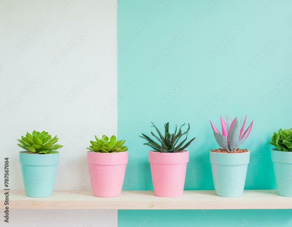 Room wall with wooden shelves with many green plants in pots. Pastel turquoise and pink colours. Home interior natural decorating style. Room wall with wooden shelves with many green plants in pots. Pastel turquoise and pink colours. Home interior natural decorating style.