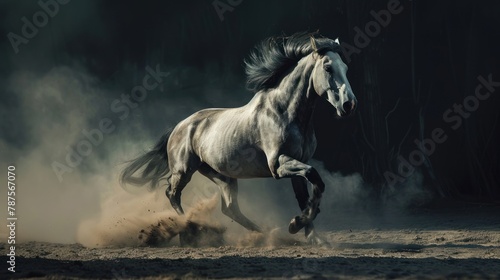 Dramatic view portrait grey horse stallion running fast in dust on dark background. AI generated