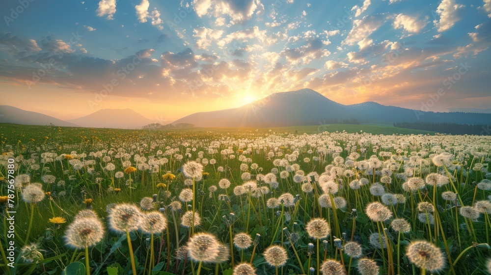 Beautiful blooming weed dandelion field at morning sunrise with mountain landscape. AI generated