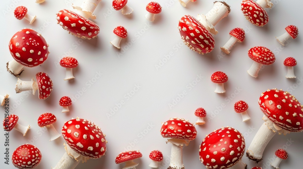A group of red and white mushrooms arranged in a circle, AI A group of red and white mushrooms arranged in a circle, AI