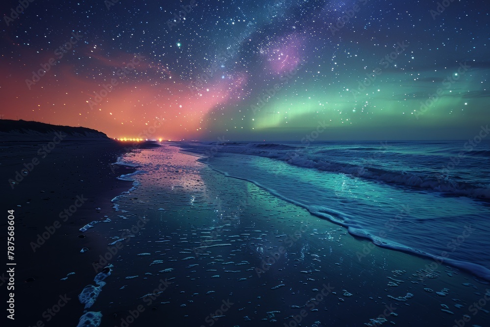 A beautiful night sky with a beach in the background