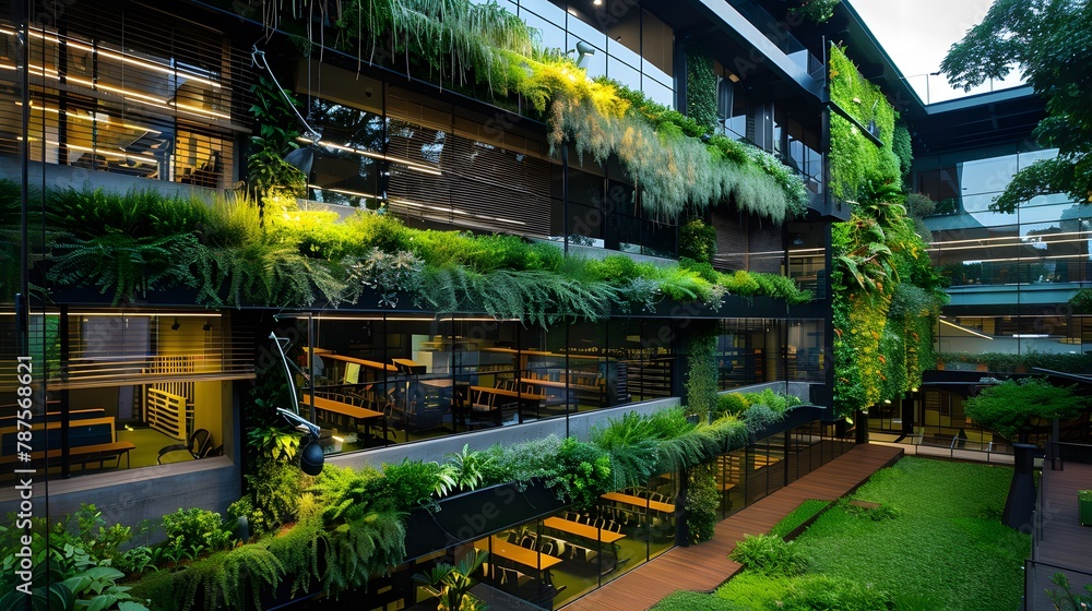 Green technology implementation in an office building, focusing on energy efficiency and sustainable operations