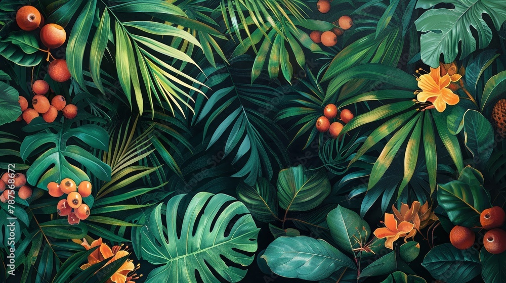 A tapestry of tropical leaves and fruit, jungle freshness A tapestry of tropical leaves and fruit, jungle freshness
