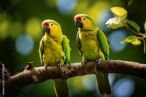 Two parrots are perched on a branch in a lush green forest © top images