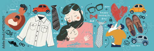 Happy Father's Day. Vector cute illustrations of dad and daughter child, hug, heart, car, men's shirt, tie, glasses, boots, shoes, mustache and beard for greeting card, stickers or banner