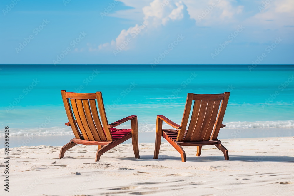 A pair of wooden chairs facing the tranquil blue sea on a clear day, inviting relaxation on the soft white sand - Generative AI