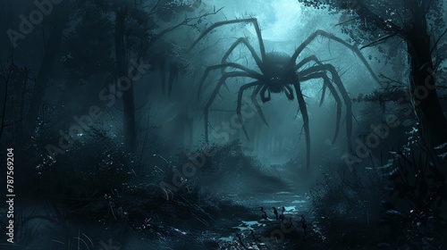 A shadowy forest where oversized spiders weave nightmares, moonlit terror © Seksan
