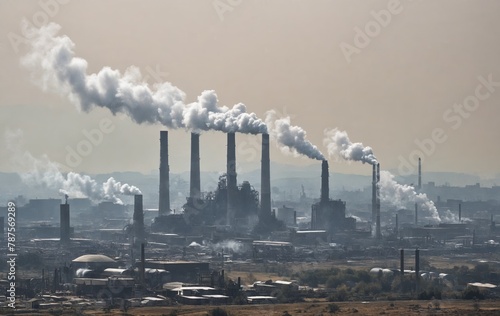 Smoke billows from factory chimneys, polluting the atmosphere in the city