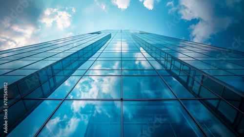 A tall building with a clear blue sky and clouds