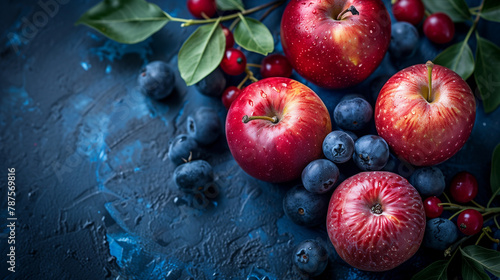 A blue background with a bunch of apples and blueberries