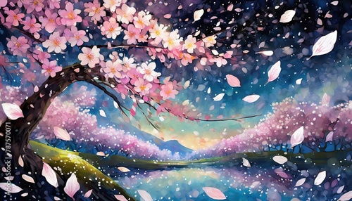 美しい桜の花びらが夜空を背景に幻想的に優しく舞い上がる、春の音が心地よい風と共に吹き抜ける。 photo