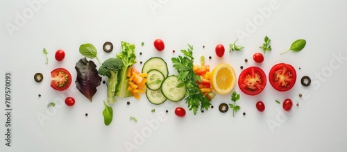 Fresh vegetables arranged in a frame on a white background  showcasing ingredients for a vegetable salad in a creative food presentation. Viewed from above in a flat lay style.