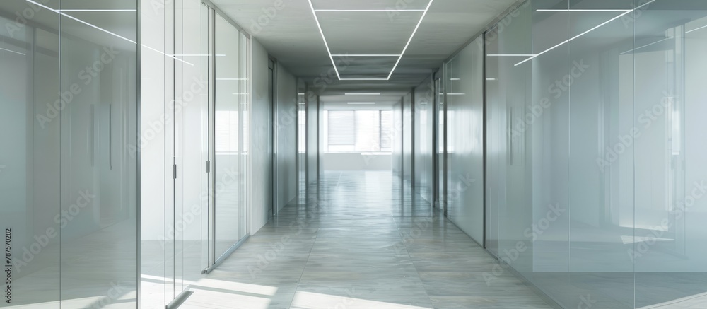 Fototapeta premium Office hallway that is not occupied, featuring transparent walls and doors.