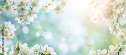 Background with white blossom border in spring photo