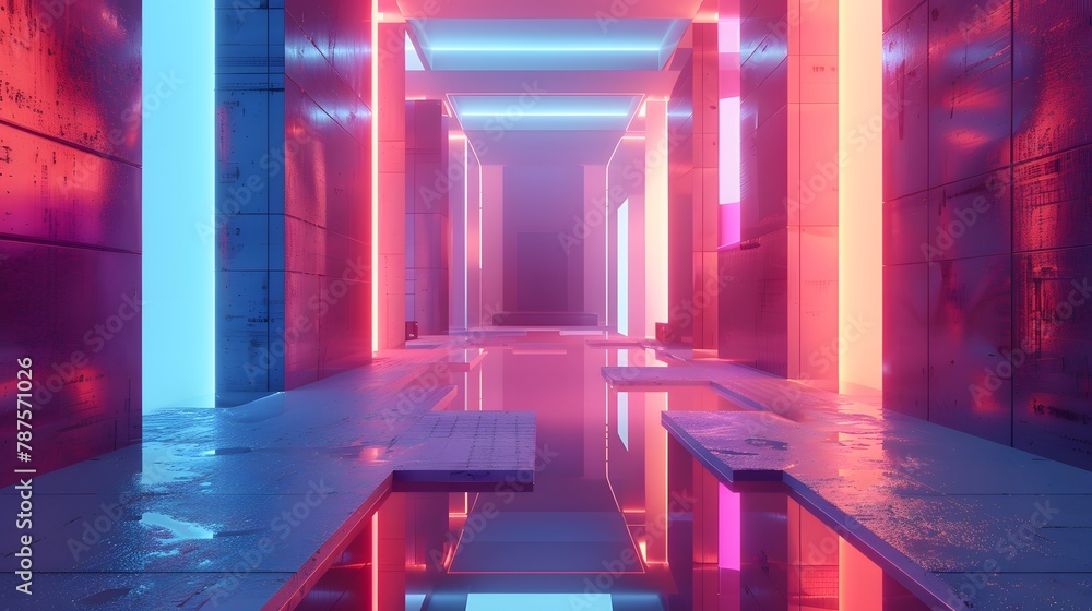 Surreal geometric shapes and glowing neon lights creating an abstract, futuristic floor and walls in a modern, tech-inspired room