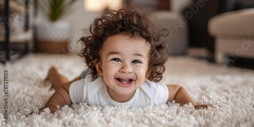 Joyful Toddler Laughing While Lying on a Fluffy White Carpet Indoors