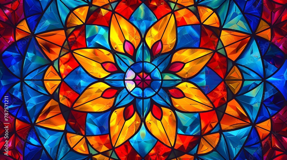 Mandala background with stained glass effect and primary colors. Kaleidoscope art lovers and artistic design. Mandala patterns with stained glass and kaleidoscope effect for dynamic backgrounds. 