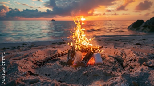 bonfire in the middle of a beach on a beautiful summer sunset in high resolution © Marco
