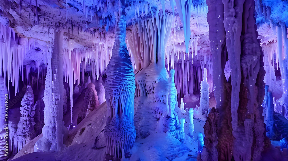 A series of limestone stalactites inside a cave, lit by colored lights to enhance the natural formations and create a mystical atmosphere A series of limestone stalactites inside a cave, lit by colored lights to enhance the natural formations and create a mystical atmosphere