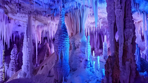 A series of limestone stalactites inside a cave, lit by colored lights to enhance the natural formations and create a mystical atmosphere