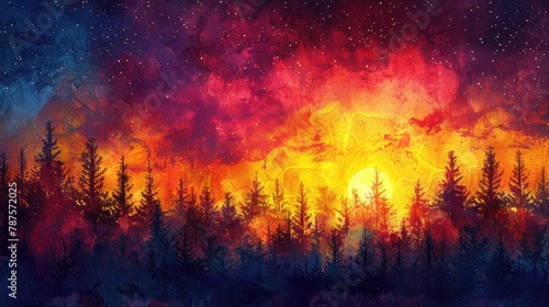Vibrant sunset with color filled sky and natural sunrise above trees with intense sky and dark ground