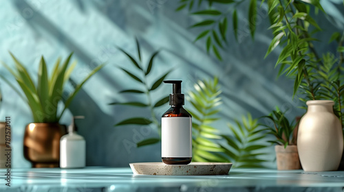 A bottle of lotion sits on a small table next to a plant