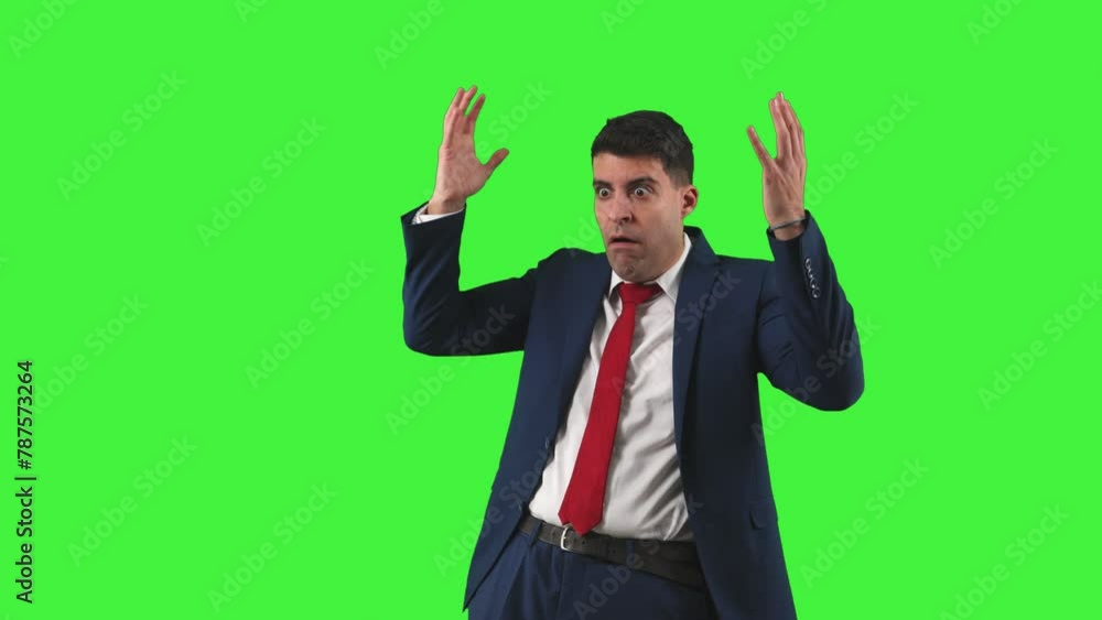 Terrified Businessman with Hands on Head and Mouth Open in Shock Green Screen Chroma Key Terrified Businessman with Hands on Head and Mouth Open in Shock Green Screen Chroma Key
