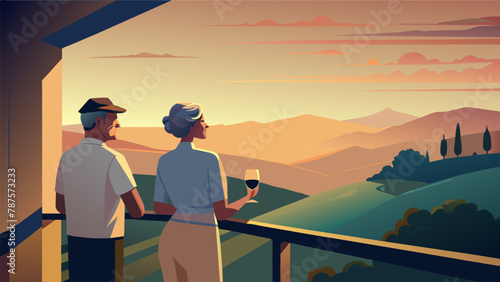 With their balcony doors open an elderly couple sips on glasses of wine while watching the sunset over the rolling hills of the countryside.