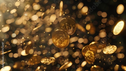  golden bitcoins falling, dark background