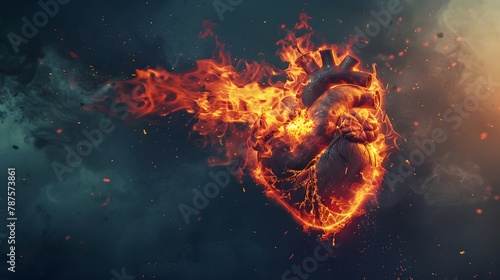 Illuminated Human Heart Engulfed in Vivid Flames and Smoke Against Dark Background, Symbolizing Passion © Panupong Ws