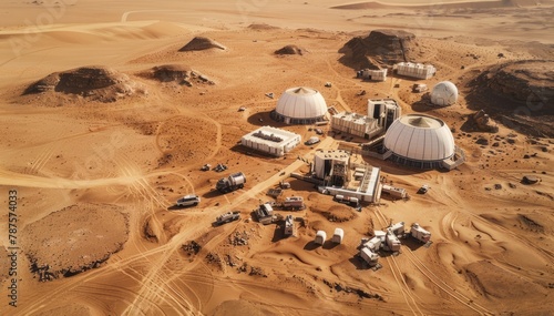 A fictional Mars Desert Research Station generated by AI.  Mars surface research facility, habitats. Space, technology, science, astronomy, space robots, scientific experiments concept.  © Maroubra Lab