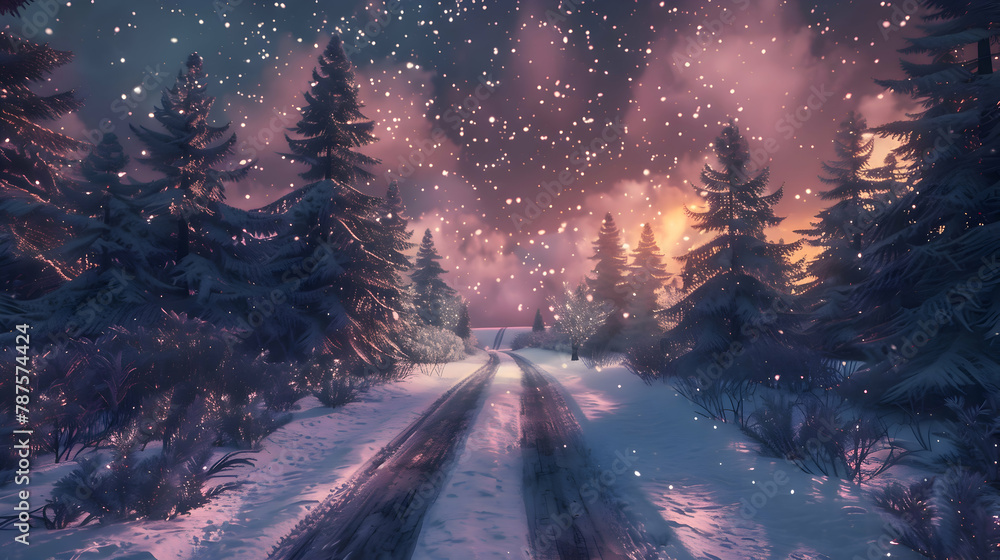 A snowy pine forest under the northern lights, long exposure to capture the vivid colors of the sky and the stark white snow A snowy pine forest under the northern lights, long exposure to capture the vivid colors of the sky and the stark white snow