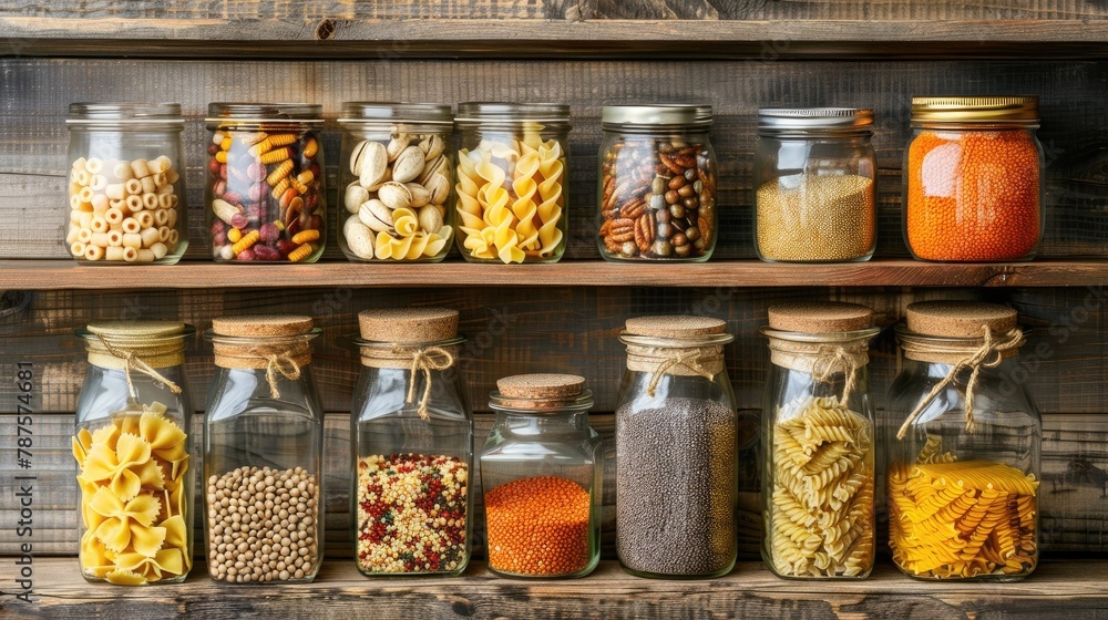 Jars of pasta nuts legumes and lentils on wooden kitchen shelving Jars of pasta nuts legumes and lentils on wooden kitchen shelving