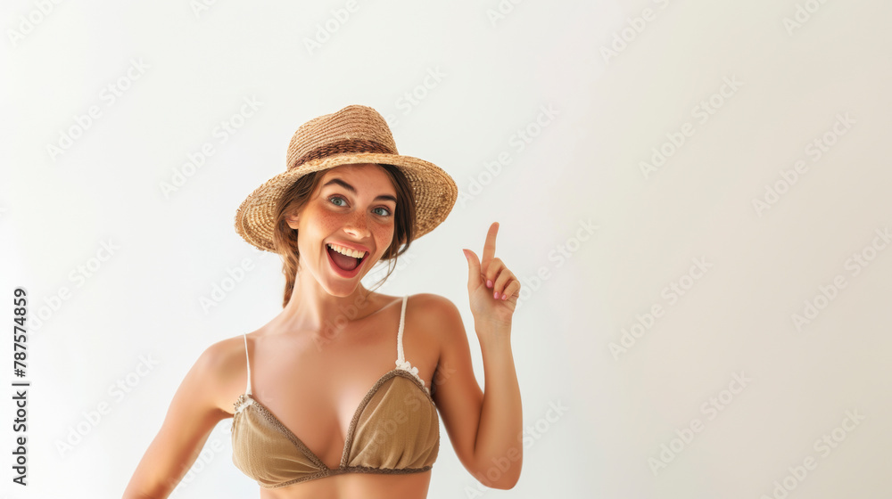 Happy Woman in Bikini and Straw Hat Pointing to the Right. Summer Vacation Concept Happy Woman in Bikini and Straw Hat Pointing to the Right. Summer Vacation Concept