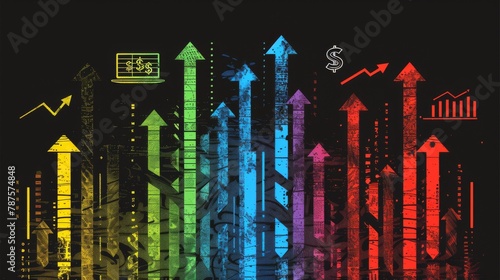 A collection of arrows, each with a financial motif (currency symbols, stock graphs), symbolizing different aspects of the financial industry, against a minimal black background with room for text