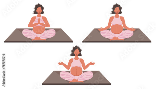 Group of pregnant women meditating and relaxing in lotus pose. Pregnant woman yoga. Physical training for future mothers. Healthy lifestyle, spiritual practice, care for future child. Vector