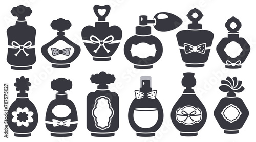 Set of parfume bottles isolated. Aroma essence in different glass packages. Perfume silhouette. Elegant shape, label, ribbon. Hand drawn design for logo, cosmetic industry. Vector
