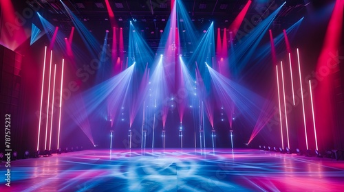 Modern dance stage light background with spotlight illuminated for modern dance production stage. Empty stage with creative lighting. Stage lighting art design. Entertainment show. 